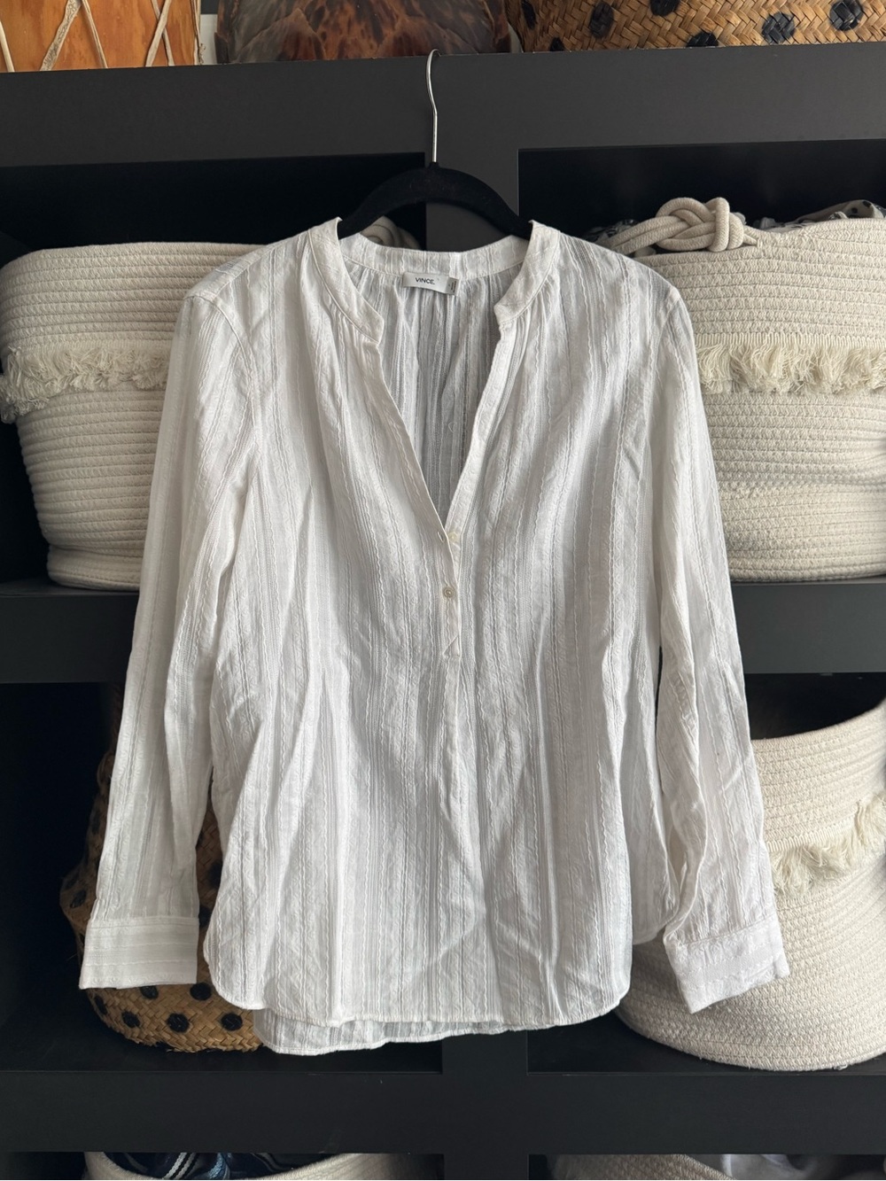 Vince White Textured Stripe Henley Button-Front Shirt